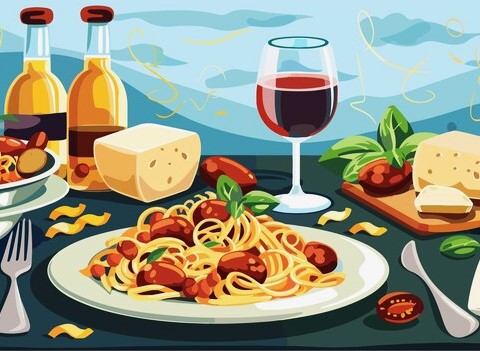 cartoon-illustration-plate-spaghetti-glass-wi